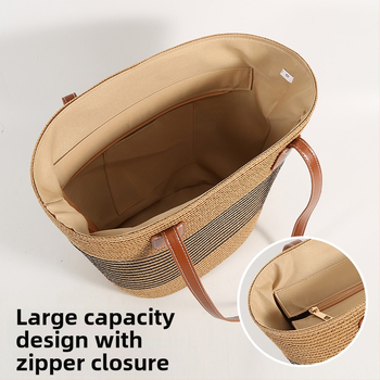 Ψάθινη tote τσάντα με οριζόντιο τετράγωνο σχήμα, φερμουάρ, πολυεστερική επένδυση