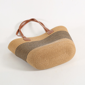 Ψάθινη tote τσάντα με οριζόντιο τετράγωνο σχήμα, φερμουάρ, πολυεστερική επένδυση