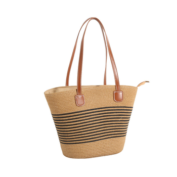 Ψάθινη tote τσάντα με οριζόντιο τετράγωνο σχήμα, φερμουάρ, πολυεστερική επένδυση