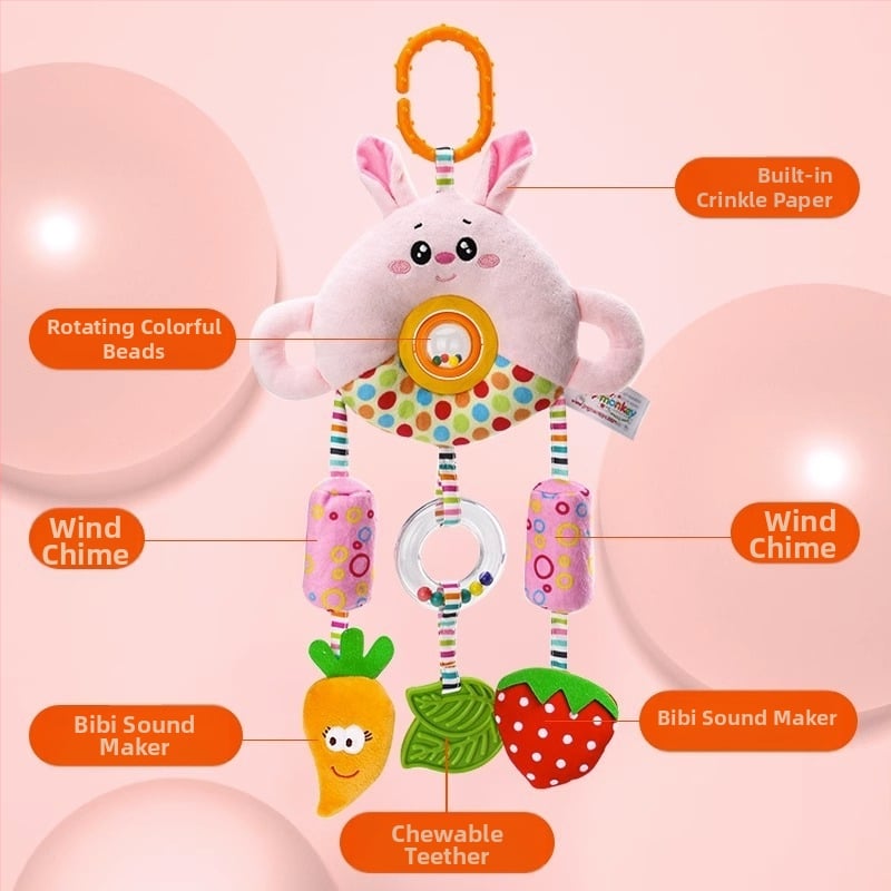 Kūdikių vežimėlio pakabukas žaislas su pūkuota lėlyte, zvoneliu — 1 vnt., be amžiaus apribojimų, kitų gebėjimų plėtra, anime paveikslėlis prieinamas, vaizdo įrašų vadovas prieinamas