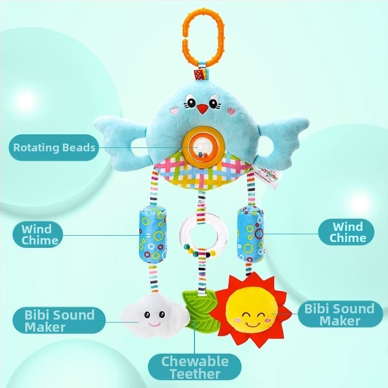 Kūdikių vežimėlio pakabukas žaislas su pūkuota lėlyte, zvoneliu — 1 vnt., be amžiaus apribojimų, kitų gebėjimų plėtra, anime paveikslėlis prieinamas, vaizdo įrašų vadovas prieinamas