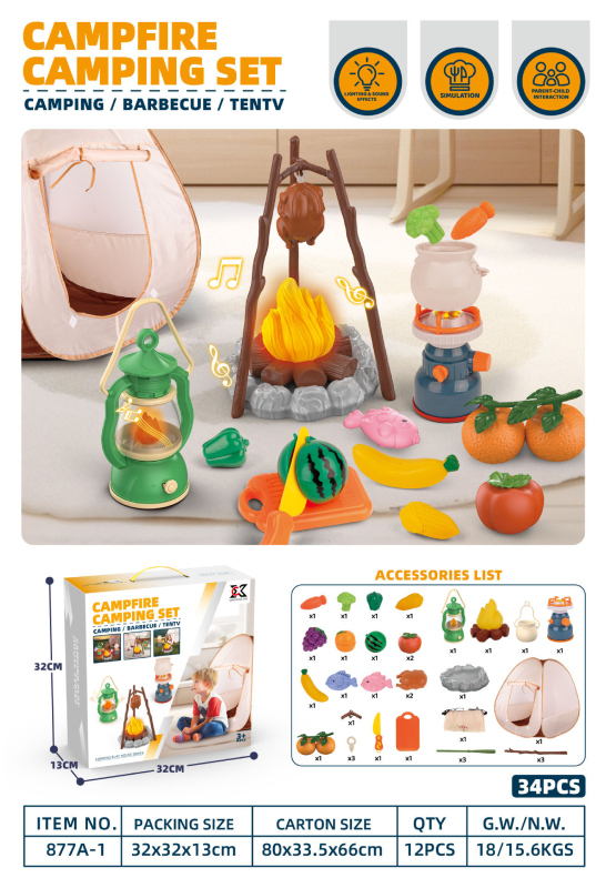 Simulēts ārējs BBQ spēļu komplekts ar ugunskura imitāciju un teltīm bērniem vecumā no 4 līdz 6 gadiem