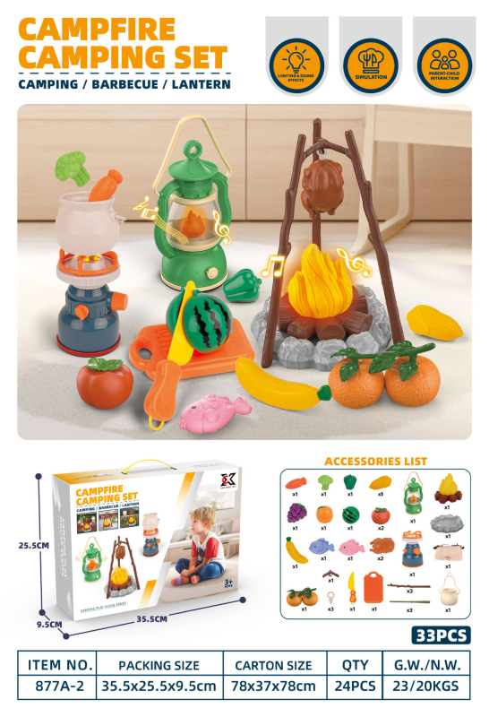 Simulēts ārējs BBQ spēļu komplekts ar ugunskura imitāciju un teltīm bērniem vecumā no 4 līdz 6 gadiem