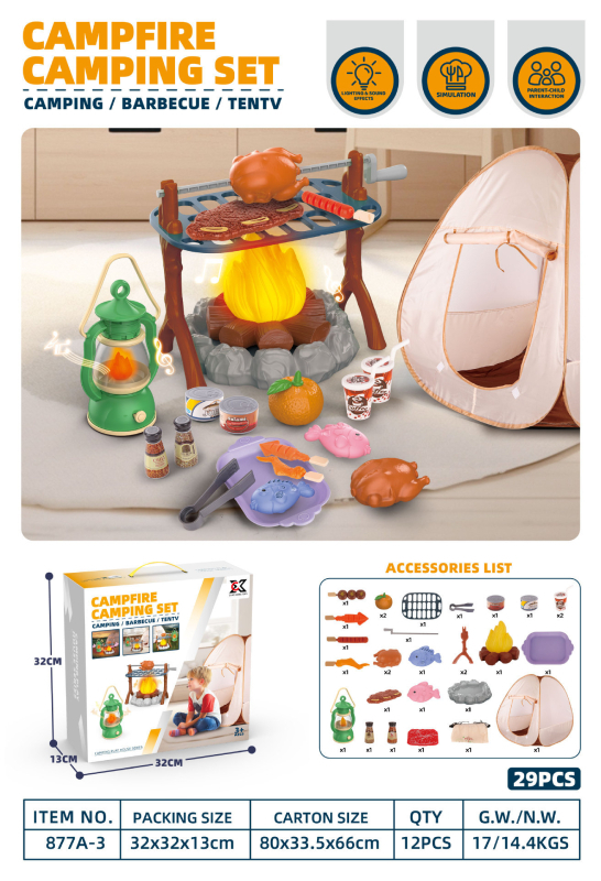 Simulēts ārējs BBQ spēļu komplekts ar ugunskura imitāciju un teltīm bērniem vecumā no 4 līdz 6 gadiem