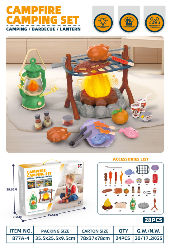 Simulēts ārējs BBQ spēļu komplekts ar ugunskura imitāciju un teltīm bērniem vecumā no 4 līdz 6 gadiem