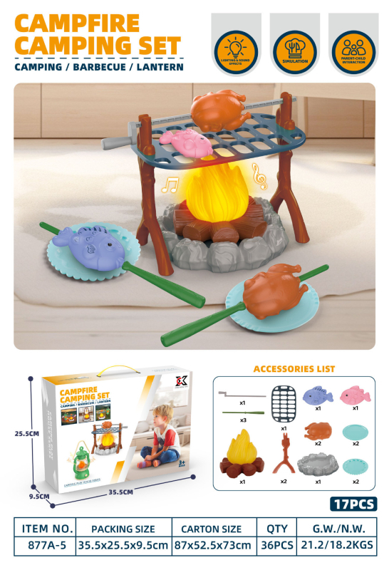 Simulēts ārējs BBQ spēļu komplekts ar ugunskura imitāciju un teltīm bērniem vecumā no 4 līdz 6 gadiem