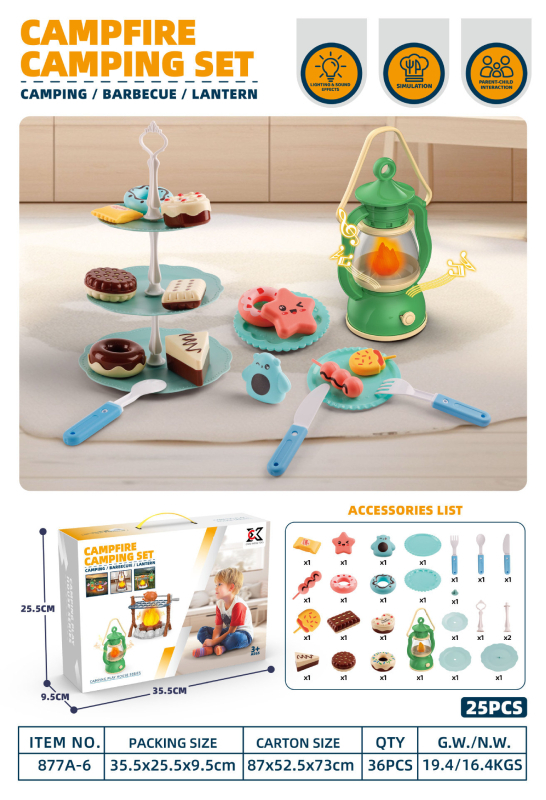 Simulēts ārējs BBQ spēļu komplekts ar ugunskura imitāciju un teltīm bērniem vecumā no 4 līdz 6 gadiem
