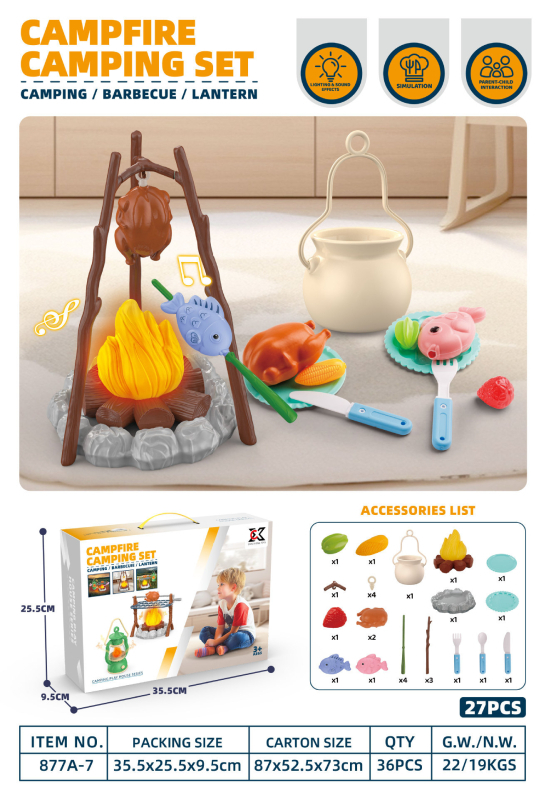 Simulēts ārējs BBQ spēļu komplekts ar ugunskura imitāciju un teltīm bērniem vecumā no 4 līdz 6 gadiem