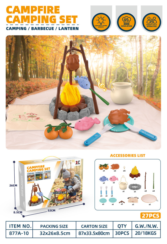 Simulēts ārējs BBQ spēļu komplekts ar ugunskura imitāciju un teltīm bērniem vecumā no 4 līdz 6 gadiem