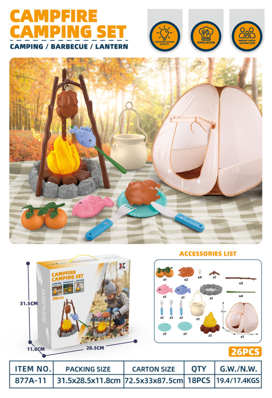 Simulēts ārējs BBQ spēļu komplekts ar ugunskura imitāciju un teltīm bērniem vecumā no 4 līdz 6 gadiem