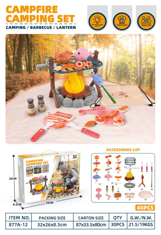 Simulēts ārējs BBQ spēļu komplekts ar ugunskura imitāciju un teltīm bērniem vecumā no 4 līdz 6 gadiem