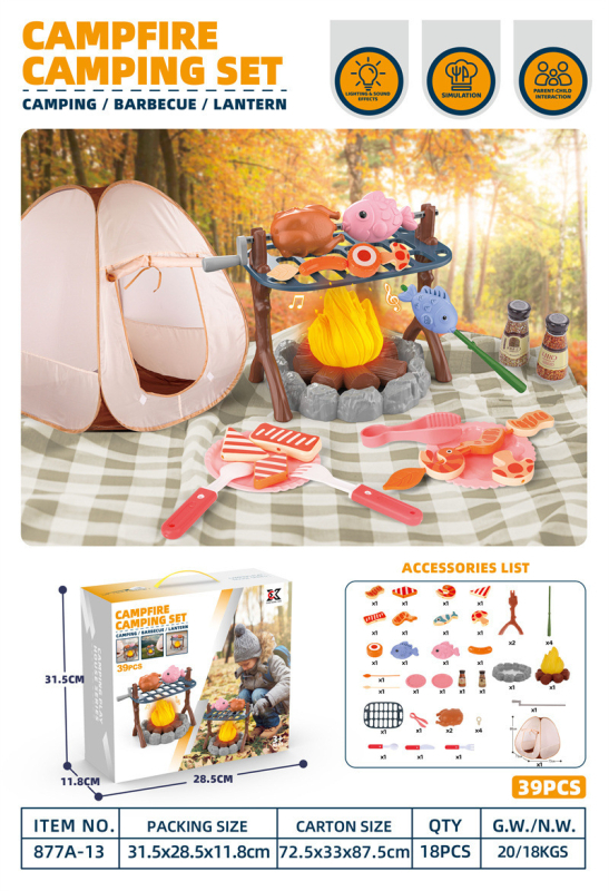 Simulēts ārējs BBQ spēļu komplekts ar ugunskura imitāciju un teltīm bērniem vecumā no 4 līdz 6 gadiem