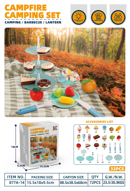 Simulēts ārējs BBQ spēļu komplekts ar ugunskura imitāciju un teltīm bērniem vecumā no 4 līdz 6 gadiem