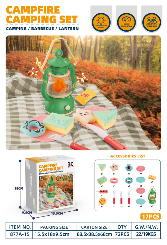 Simulēts ārējs BBQ spēļu komplekts ar ugunskura imitāciju un teltīm bērniem vecumā no 4 līdz 6 gadiem