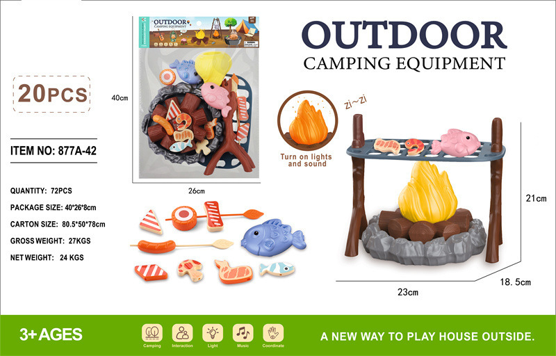 Simulēts ārējs BBQ spēļu komplekts ar ugunskura imitāciju un teltīm bērniem vecumā no 4 līdz 6 gadiem