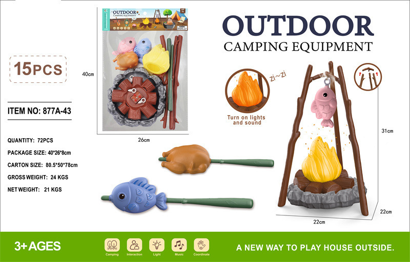 Simulēts ārējs BBQ spēļu komplekts ar ugunskura imitāciju un teltīm bērniem vecumā no 4 līdz 6 gadiem