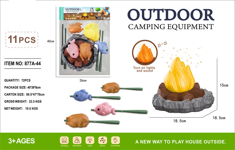 Simulēts ārējs BBQ spēļu komplekts ar ugunskura imitāciju un teltīm bērniem vecumā no 4 līdz 6 gadiem