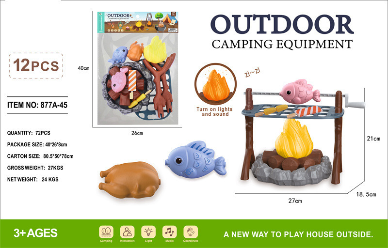 Simulēts ārējs BBQ spēļu komplekts ar ugunskura imitāciju un teltīm bērniem vecumā no 4 līdz 6 gadiem