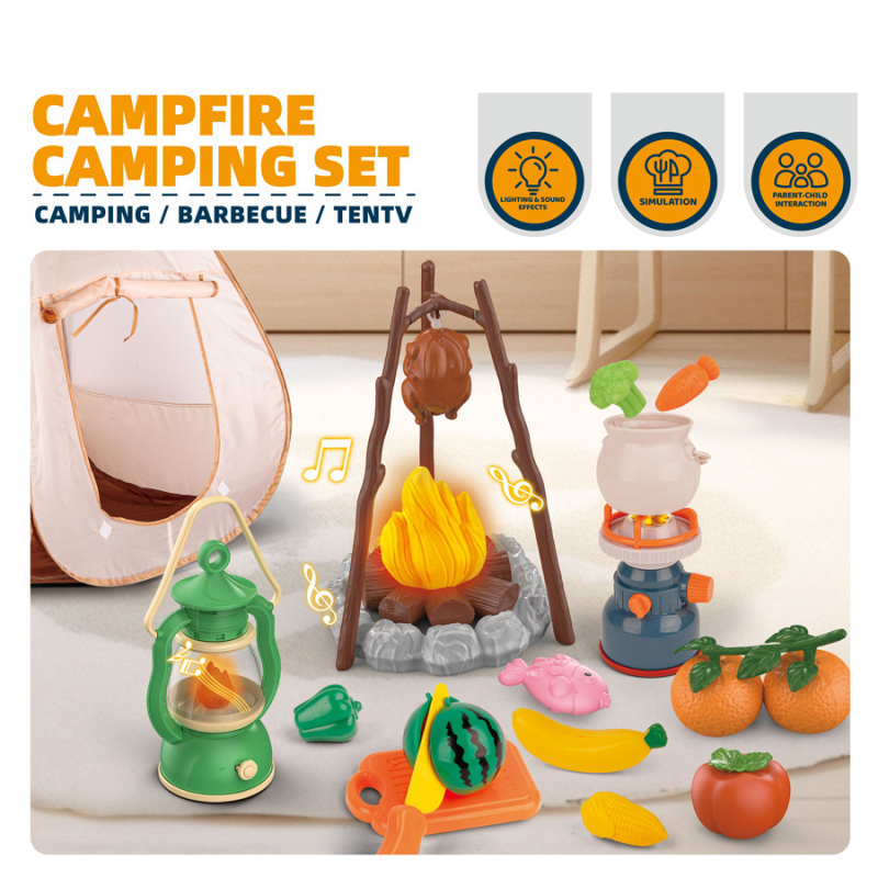 Simulēts ārējs BBQ spēļu komplekts ar ugunskura imitāciju un teltīm bērniem vecumā no 4 līdz 6 gadiem