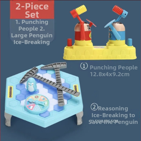 Детска интерактивна настолна игра: Спасение на пингвини и разбиване на лед — пластмаса; развива визуално възприятие, интелект и координация ръка-очи; за възрастови групи 4–6, 7–14 и 15–35.