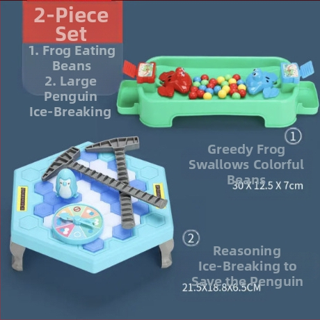 Детска интерактивна настолна игра: Спасение на пингвини и разбиване на лед — пластмаса; развива визуално възприятие, интелект и координация ръка-очи; за възрастови групи 4–6, 7–14 и 15–35.
