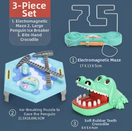 Детска интерактивна настолна игра: Спасение на пингвини и разбиване на лед — пластмаса; развива визуално възприятие, интелект и координация ръка-очи; за възрастови групи 4–6, 7–14 и 15–35.