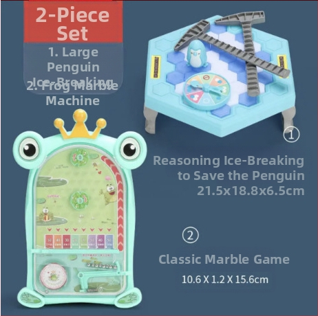 Детска интерактивна настолна игра: Спасение на пингвини и разбиване на лед — пластмаса; развива визуално възприятие, интелект и координация ръка-очи; за възрастови групи 4–6, 7–14 и 15–35.