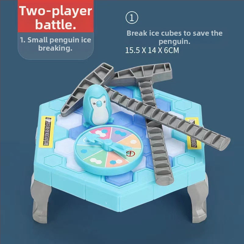 Детска интерактивна настолна игра: Спасение на пингвини и разбиване на лед — пластмаса; развива визуално възприятие, интелект и координация ръка-очи; за възрастови групи 4–6, 7–14 и 15–35.