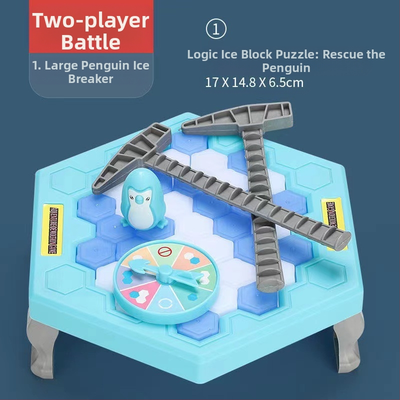 Детска интерактивна настолна игра: Спасение на пингвини и разбиване на лед — пластмаса; развива визуално възприятие, интелект и координация ръка-очи; за възрастови групи 4–6, 7–14 и 15–35.