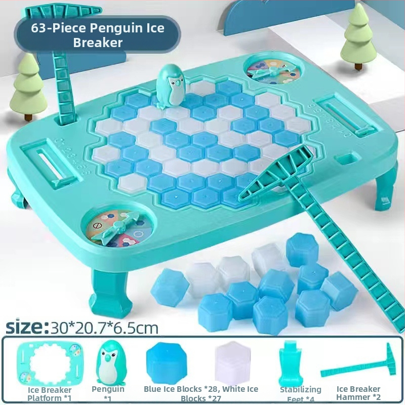 Детска интерактивна настолна игра: Спасение на пингвини и разбиване на лед — пластмаса; развива визуално възприятие, интелект и координация ръка-очи; за възрастови групи 4–6, 7–14 и 15–35.