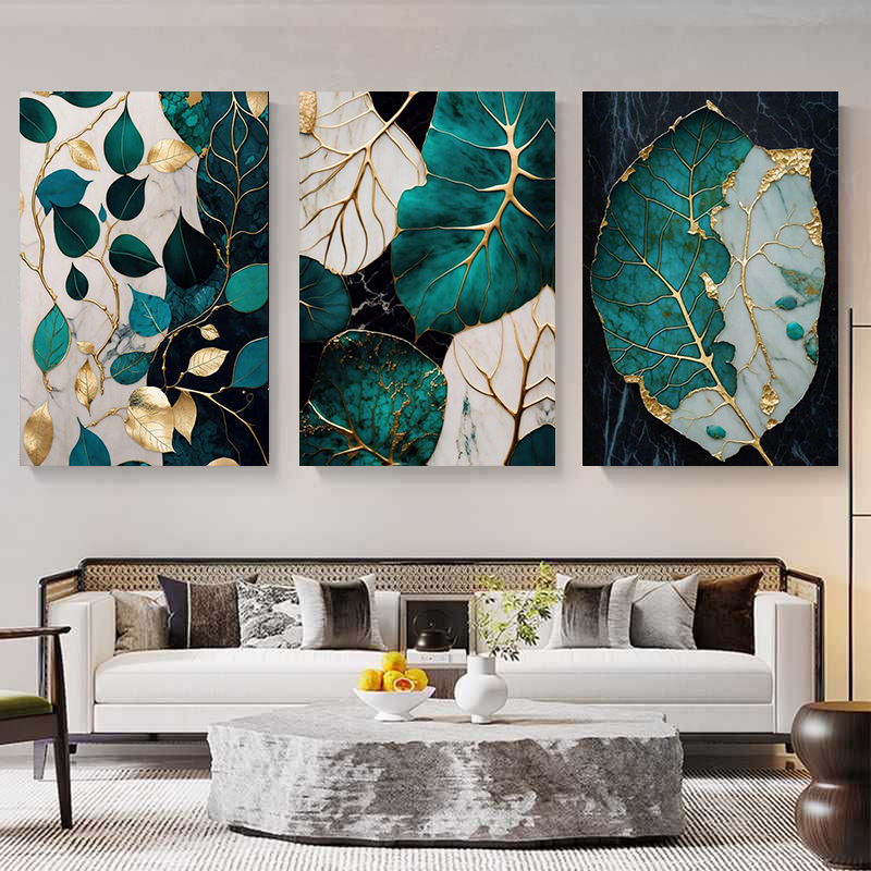Triptych pe pânză pentru perete - model floral de plante - stil nordic (set de trei piese, înrămat, ulei pe pânză)