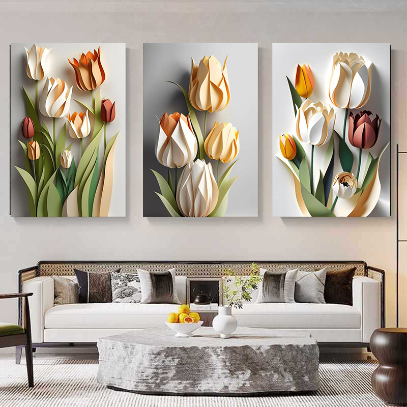 Triptych pe pânză pentru perete - model floral de plante - stil nordic (set de trei piese, înrămat, ulei pe pânză)