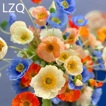 4 galvų aguona iš šilko — dirbtinis gėlių dekoras vestuvėms, lauko erdvei ir nuotraukų rekvizitams