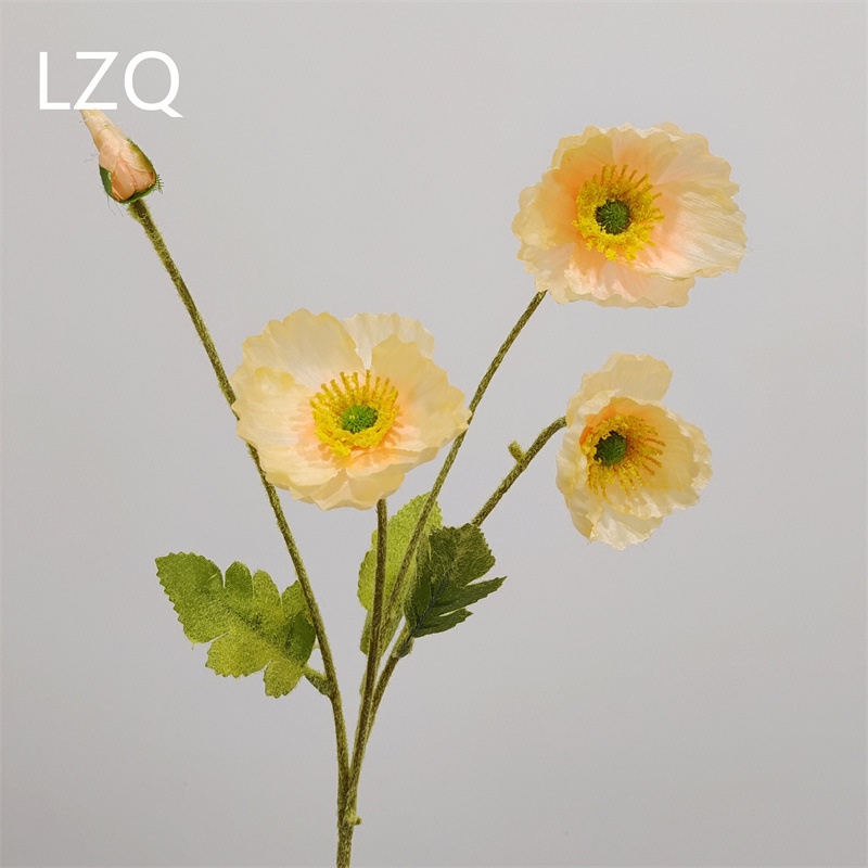 4 galvų aguona iš šilko — dirbtinis gėlių dekoras vestuvėms, lauko erdvei ir nuotraukų rekvizitams