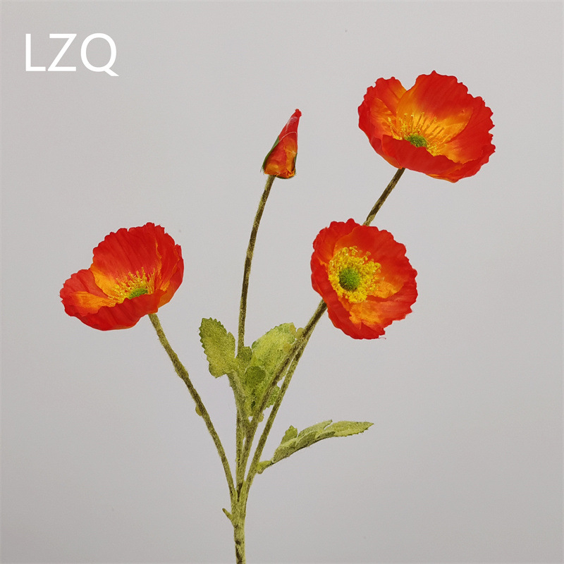 4 galvų aguona iš šilko — dirbtinis gėlių dekoras vestuvėms, lauko erdvei ir nuotraukų rekvizitams