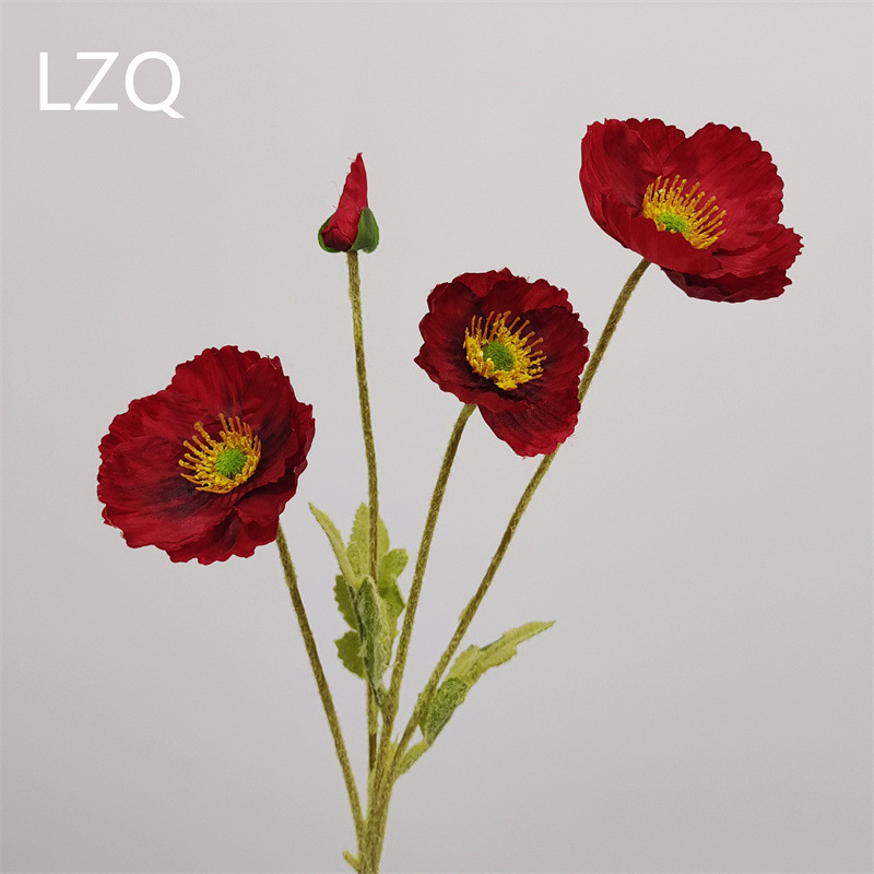 4 galvų aguona iš šilko — dirbtinis gėlių dekoras vestuvėms, lauko erdvei ir nuotraukų rekvizitams