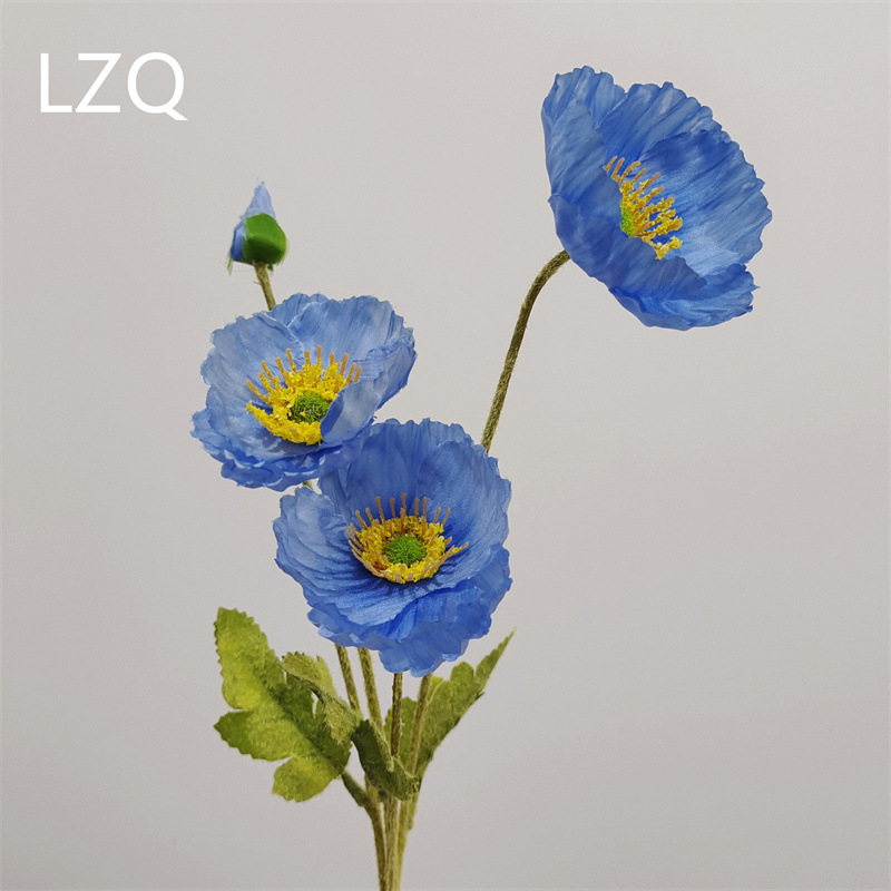 4 galvų aguona iš šilko — dirbtinis gėlių dekoras vestuvėms, lauko erdvei ir nuotraukų rekvizitams