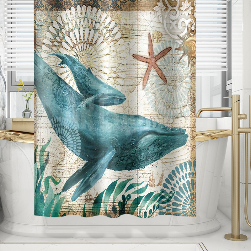 Dušas aizkars komplekts - jūrasdzīvnieku raksts, ūdensizturīgs un pelējuma izturīgs, materiāls: Chunya Spinning, stils: painting wind, pielāgojama logo, pielāgojama apstrāde