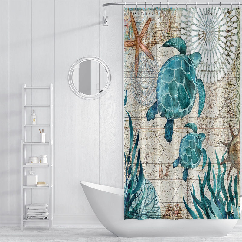 Dušas aizkars komplekts - jūrasdzīvnieku raksts, ūdensizturīgs un pelējuma izturīgs, materiāls: Chunya Spinning, stils: painting wind, pielāgojama logo, pielāgojama apstrāde