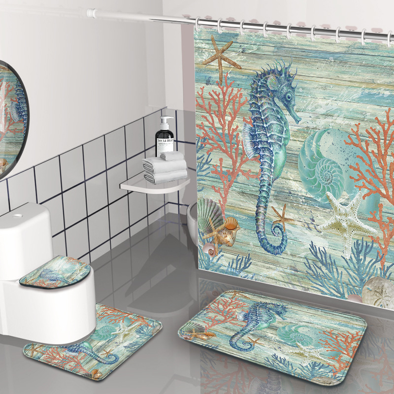 Dušas aizkars komplekts - jūrasdzīvnieku raksts, ūdensizturīgs un pelējuma izturīgs, materiāls: Chunya Spinning, stils: painting wind, pielāgojama logo, pielāgojama apstrāde