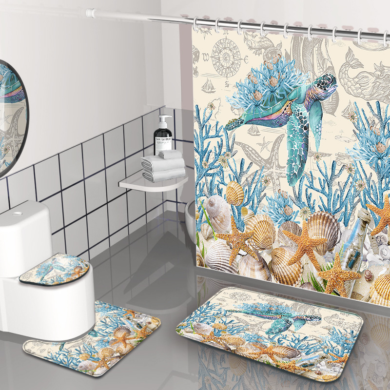 Dušas aizkars komplekts - jūrasdzīvnieku raksts, ūdensizturīgs un pelējuma izturīgs, materiāls: Chunya Spinning, stils: painting wind, pielāgojama logo, pielāgojama apstrāde