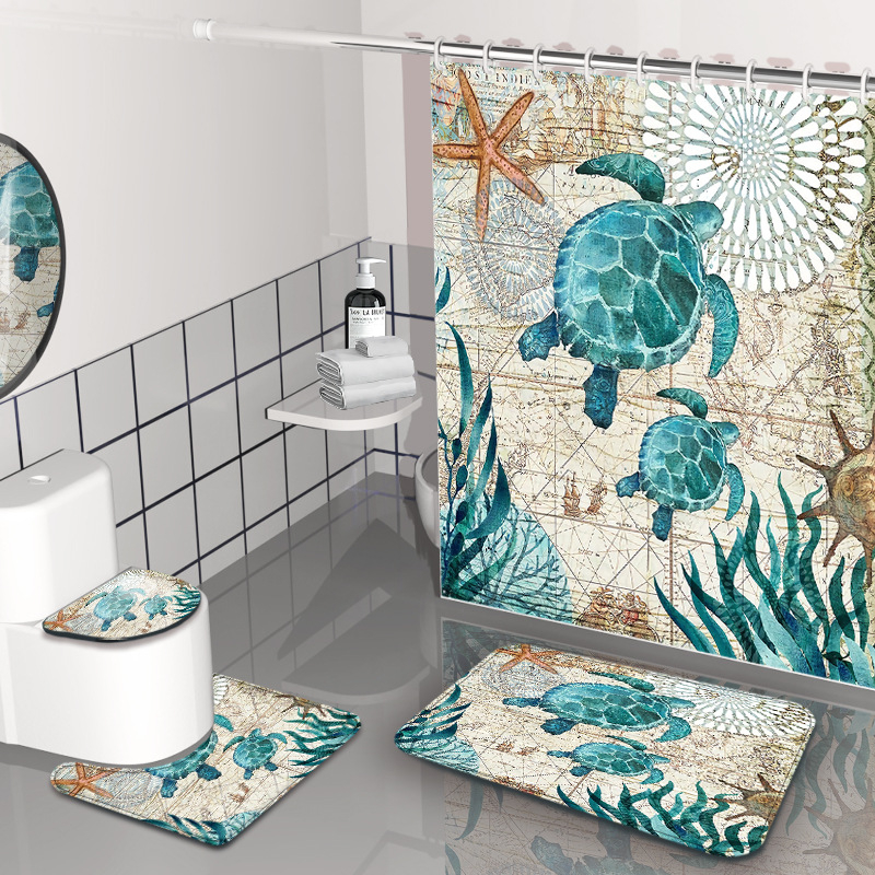 Dušas aizkars komplekts - jūrasdzīvnieku raksts, ūdensizturīgs un pelējuma izturīgs, materiāls: Chunya Spinning, stils: painting wind, pielāgojama logo, pielāgojama apstrāde