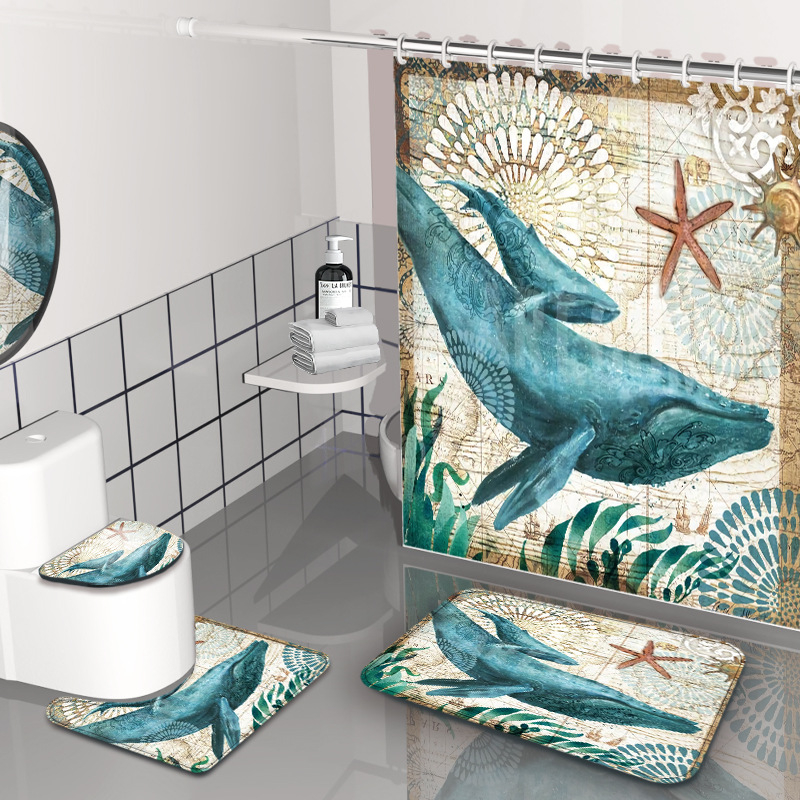 Dušas aizkars komplekts - jūrasdzīvnieku raksts, ūdensizturīgs un pelējuma izturīgs, materiāls: Chunya Spinning, stils: painting wind, pielāgojama logo, pielāgojama apstrāde