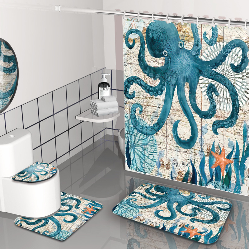 Dušas aizkars komplekts - jūrasdzīvnieku raksts, ūdensizturīgs un pelējuma izturīgs, materiāls: Chunya Spinning, stils: painting wind, pielāgojama logo, pielāgojama apstrāde