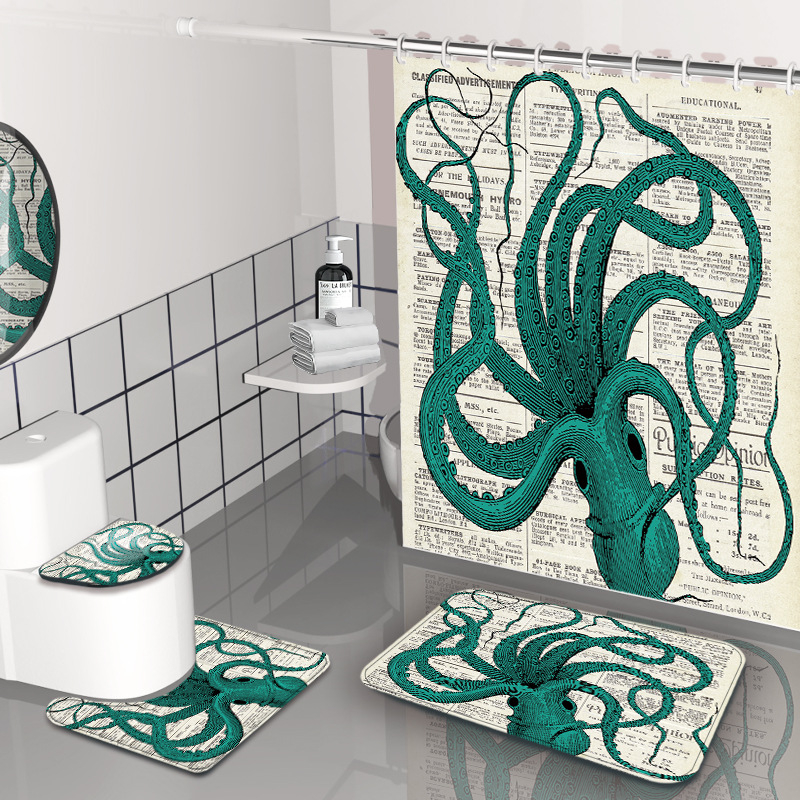 Dušas aizkars komplekts - jūrasdzīvnieku raksts, ūdensizturīgs un pelējuma izturīgs, materiāls: Chunya Spinning, stils: painting wind, pielāgojama logo, pielāgojama apstrāde