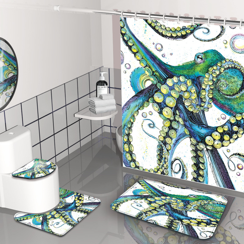 Dušas aizkars komplekts - jūrasdzīvnieku raksts, ūdensizturīgs un pelējuma izturīgs, materiāls: Chunya Spinning, stils: painting wind, pielāgojama logo, pielāgojama apstrāde