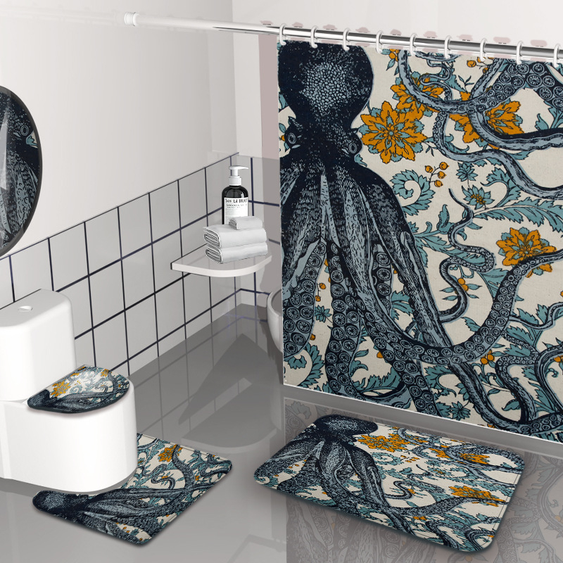 Dušas aizkars komplekts - jūrasdzīvnieku raksts, ūdensizturīgs un pelējuma izturīgs, materiāls: Chunya Spinning, stils: painting wind, pielāgojama logo, pielāgojama apstrāde