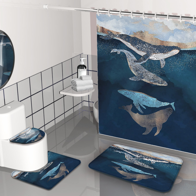 Dušas aizkars komplekts - jūrasdzīvnieku raksts, ūdensizturīgs un pelējuma izturīgs, materiāls: Chunya Spinning, stils: painting wind, pielāgojama logo, pielāgojama apstrāde