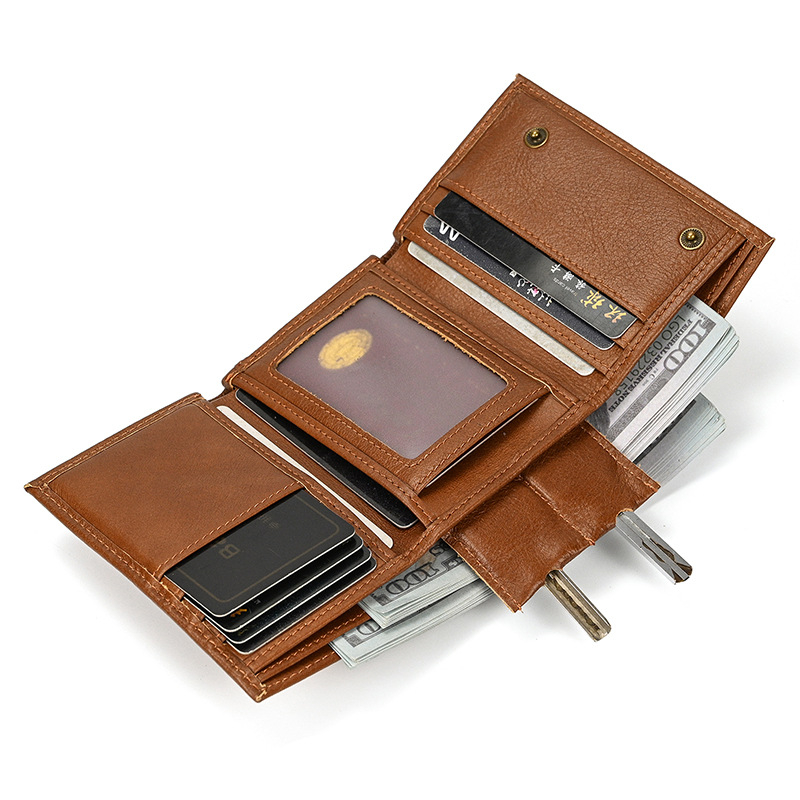Мъжки портфейл от естествена кожа, първи слой телешка кожа, монетник, множество джобове за карти, найлонова подплата, метален ключодържател