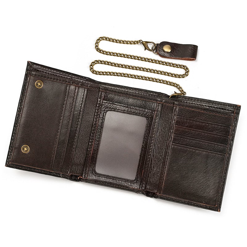 Мъжки портфейл от естествена кожа, първи слой телешка кожа, монетник, множество джобове за карти, найлонова подплата, метален ключодържател